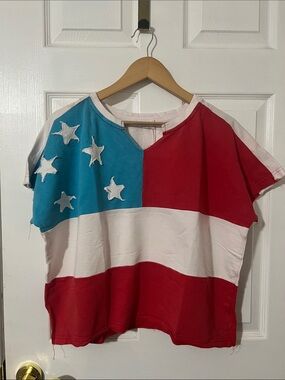 NWT Anniewear Patriotic Flag Shirt Blouse Top Small Red, White, Blue, Stars